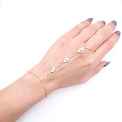 KIKICHIC Blue Evil Eye Hand Chain Bracelet and Ring, Rose gold Turkish Eye chain Ring Bracelet, 14k Gold Multiple good luck Eyes Chain Ring Bracelet, Triple Evil Eye Bracelet Attached Ring in Gold, Evil Eye White Gold Chain Ring and Bracelet Together, Finger Bracelet Evil Eye Sterling, Chain Slave Bracelet 14k Gold
