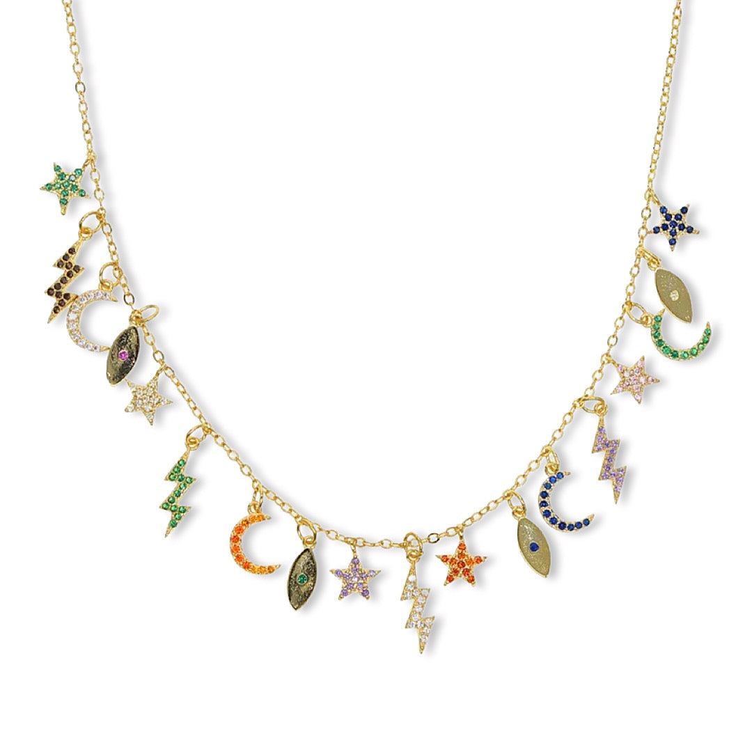 KIKICHIC | NYC | CZ Crystals Crescent Moon Stars Pad Lock Necklace 18K Gold Sterling Silver (925) Silver